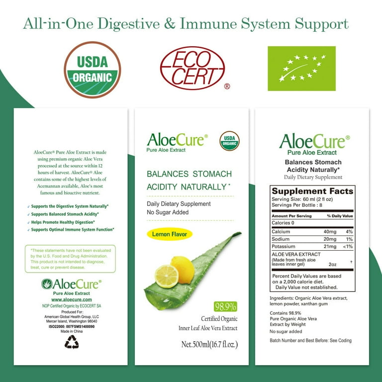 AloeCure Organic Pure Aloe Vera Juice Lemon Flavor Aloe Vera Drink Bottled Within 12 Hours of Harvest Natural Treatment for Acid Reflux GERD Natural Acid Buffer Pure Aloe Juice for