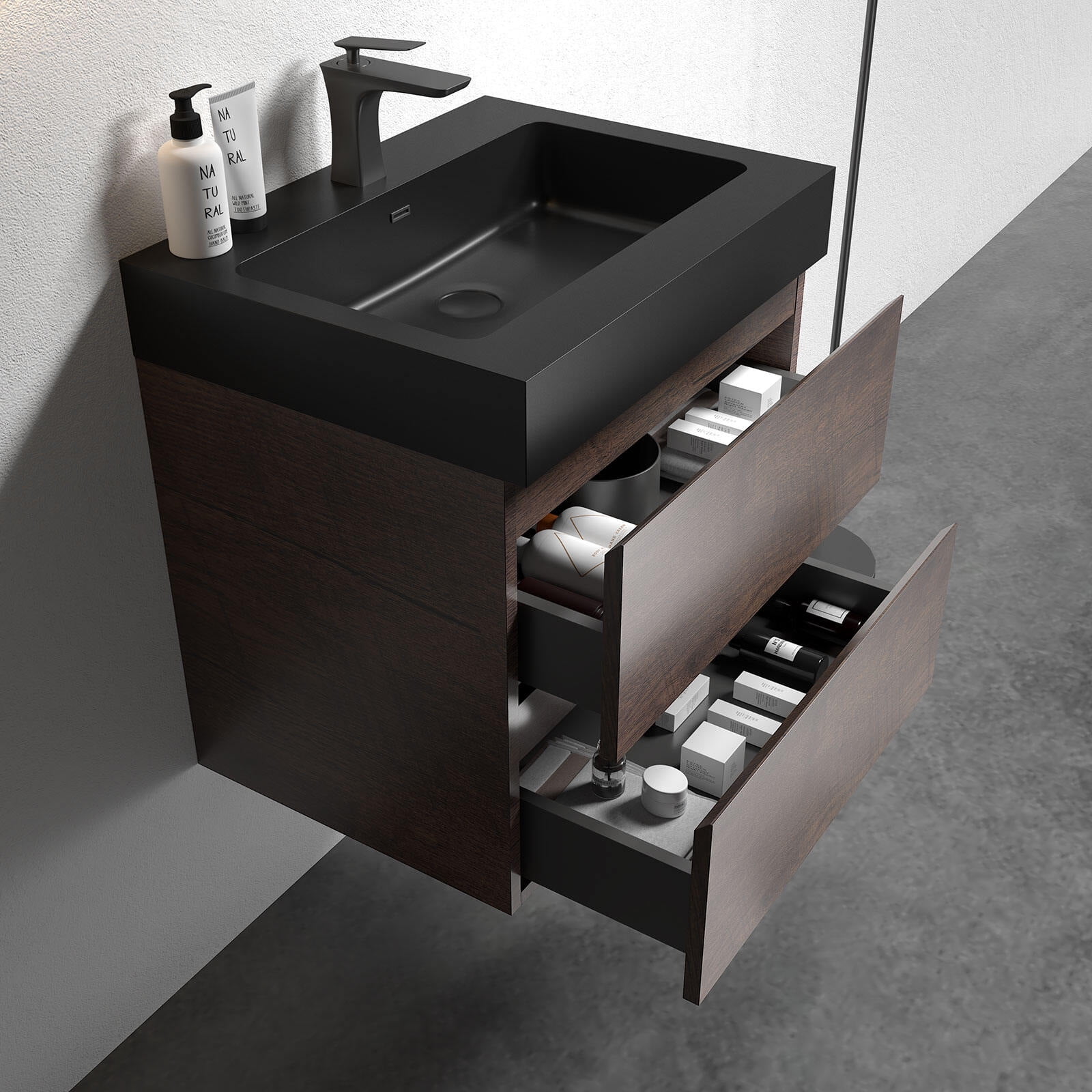 Vanity With Sink, BB02-24-109, Integrated engineered quartz basin WITHOUT drain and faucet, matt black color, Matt Black Bathroom Vanity,Quartz Single Sink Vanity, Bath & Faucets Bathroom Vanities