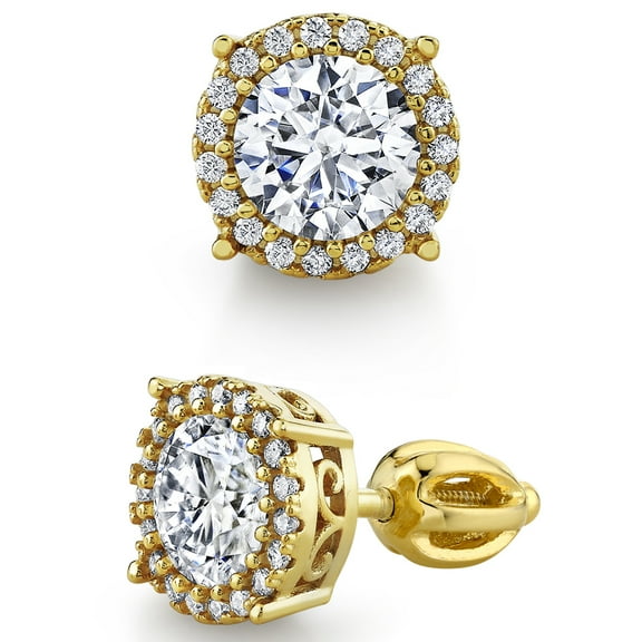 Metal Masters 2.25Ct 18K Gold Sterling Silver Dainty Halo Round Moissanite Screw Back Stud Earrings