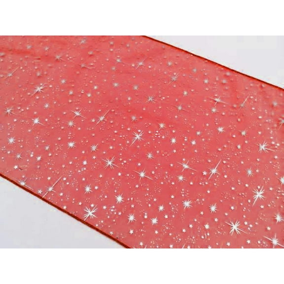 Light Weight Sheer Organza with Silver Stars Decorative Table Runner Red