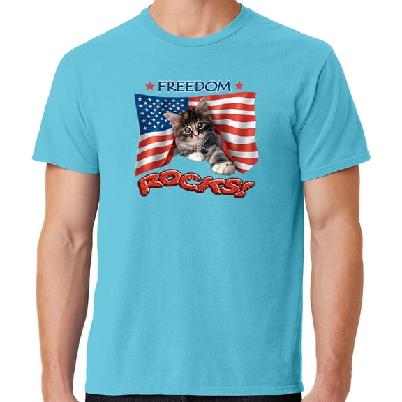 Mens Freedom Rocks Patriotic Kitten Cotton Tee Shirt, Large Tidal Wave Blue