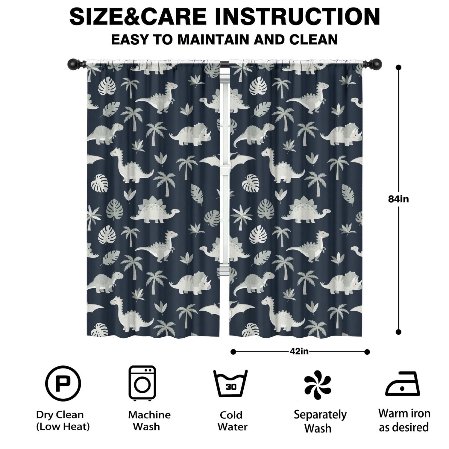 Blackout Kids Curtains,Gray Dinosaurs Exotic Leaves Childrens Insulated Curtains Set Of 2,Bedroom Essentials,Toddler Room Decor 42"x84"