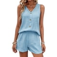 thumbnail image 4 of Women'S Summer Sleeveless Button Linen Vest Shorts Set Casual Matching Outfits Light Blue M, 4 of 7