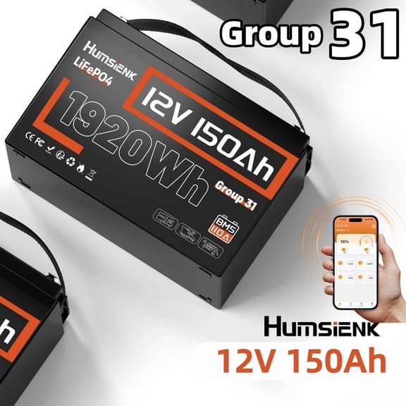 HumsiENK 12V 150Ah LiFePO4 Battery Group 31 Lithium Battery with Bluetooth Deep Cycle Battery 110A BMS, 15000 Cycles for Solar, RV, Marine, Off-Grid, Travel Trailers – Lightweight