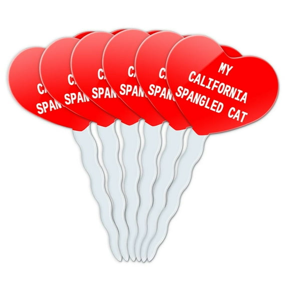 California Spangled Cat Heart Love Cupcake Picks Toppers - Set of 6