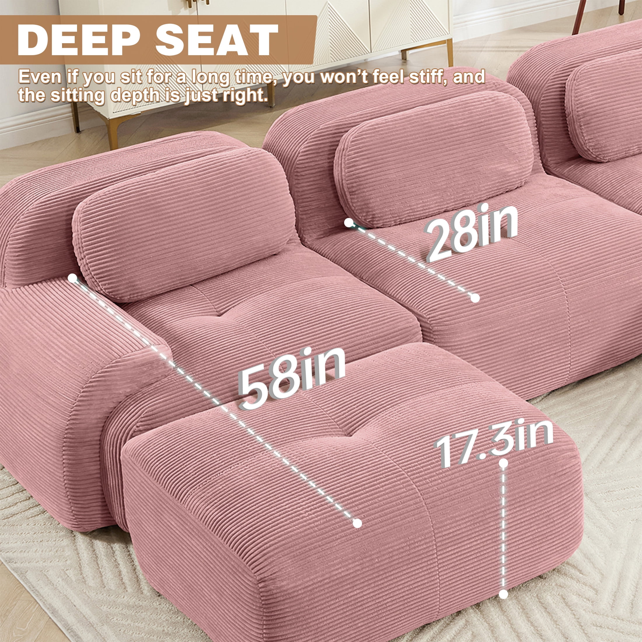 Aukfa 82" Modular Sectional Sofa-28" Deep Seats, Corduroy Fabric, Cloud-Comfort Loveseat, Pink