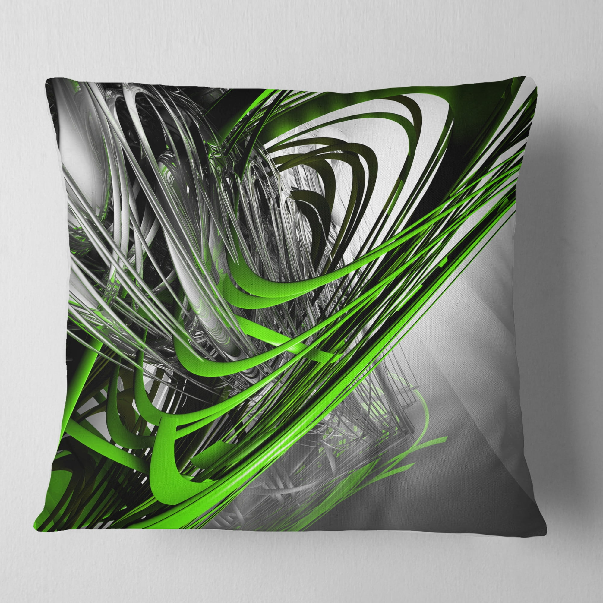 Designart Fractal 3D Green Silver Stripes - Abstract Throw Pillow - 18x18