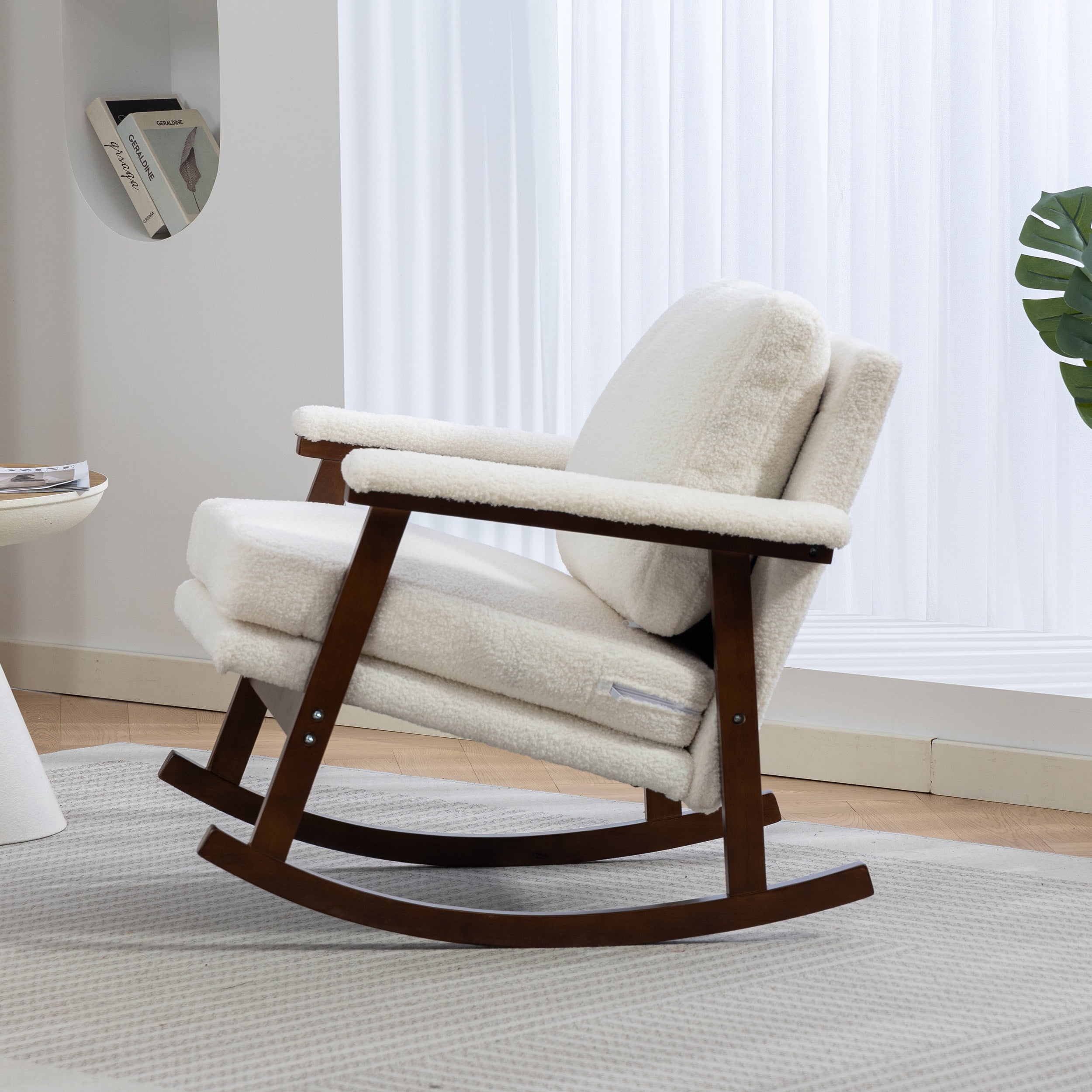 Paproos Rocking Chair, Paproos Velvet Upholstered Rocker Chair, Glider Rocker Accent Chair with Cushion, Rocking Chair for Nursery, Armchair Reading Chair for Living Room Bedroom, White