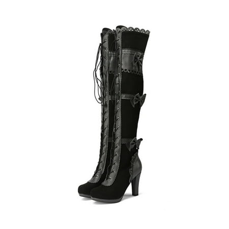 

Gomelly Ladies Faux Suede Winter Shoes Pointed Toe Over The Knee Boots Party Dress Comfortable Block Heel Black 4.5