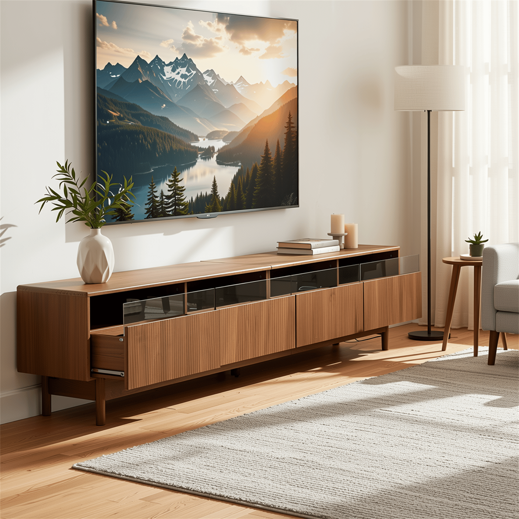 Homy Casa 78.7" Walnut TV Stand for 85" TVs with 4 Fluted Glass-Front Drawers and Cable Management