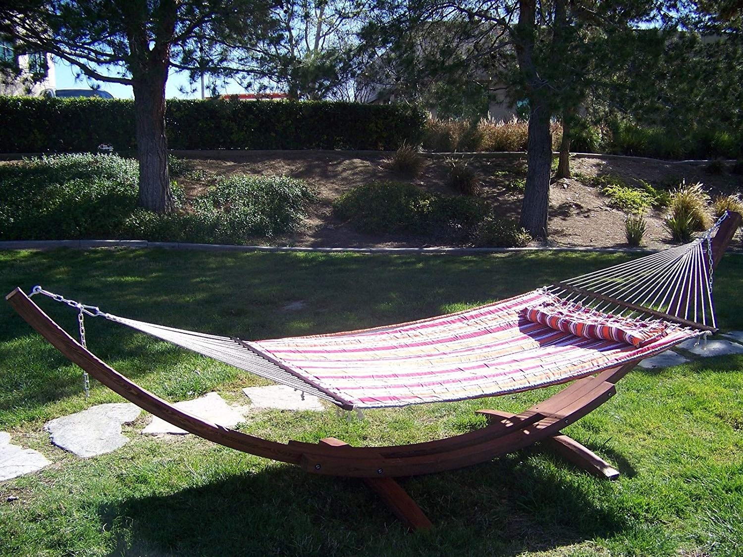 Petra Leisure 14 Ft. Coffee Stain Wooden Arc Hammock Stand + Deluxe Quilted Elegant Fiesta Stripe, Double Padded Hammock Bed w/Pillow. 2 Person Bed. 450 LB Capacity&nbsp;