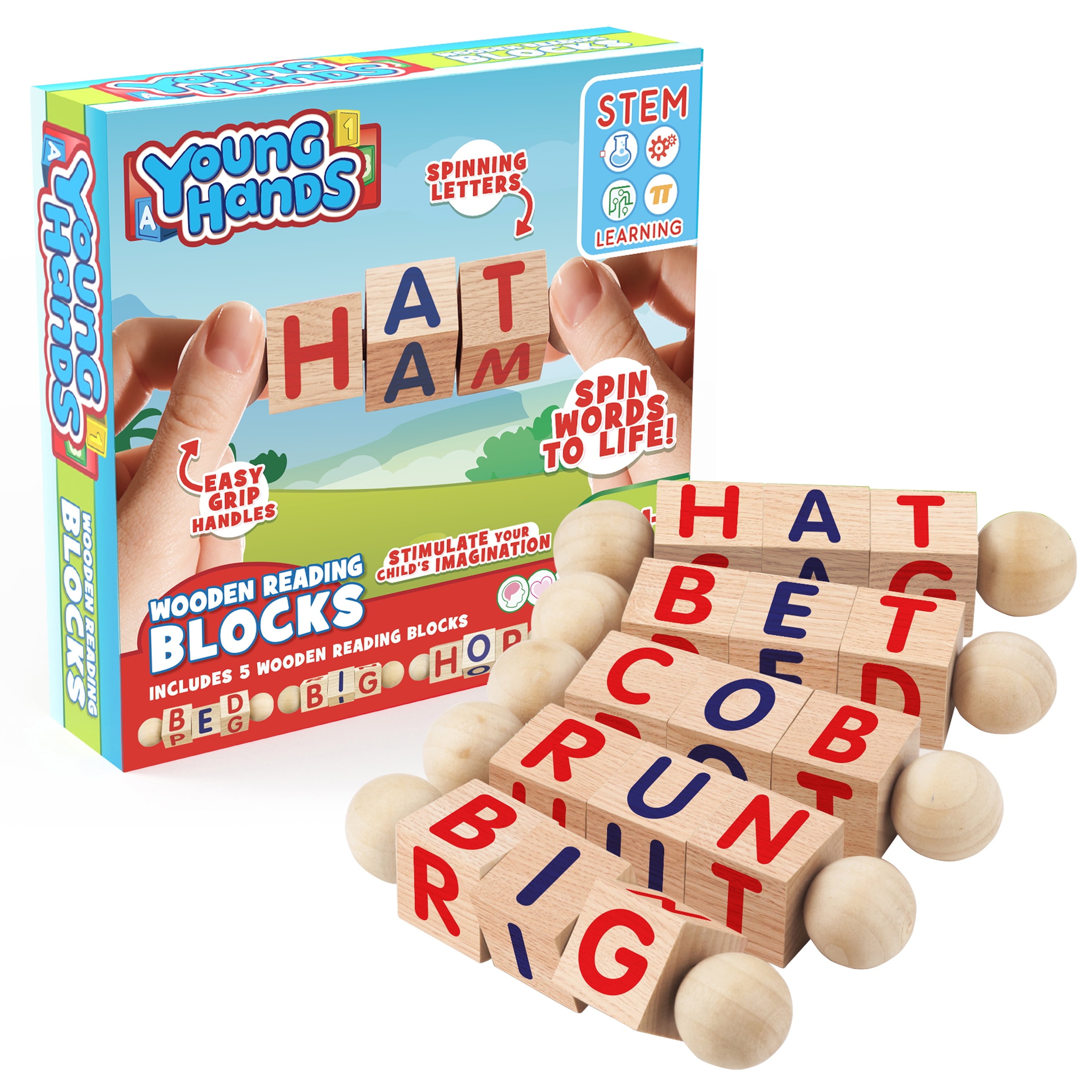 Creative Kids Wooden Reading Blocks 5 Sets of Fun, Educational Spinning Alphabet Manipulative Blocks for Children with Easy-Grip Handles, STEM Montessori Approved Toy for Pre-Kindergarten