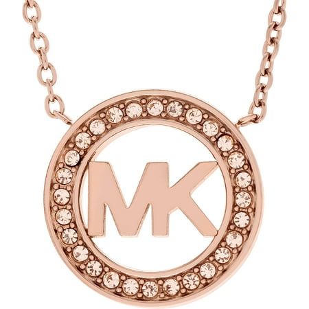 Michael Kors Women's Crystal Accent Rose-Tone Stainless Steel Logo Circle Pendant Fashion Necklace, 18