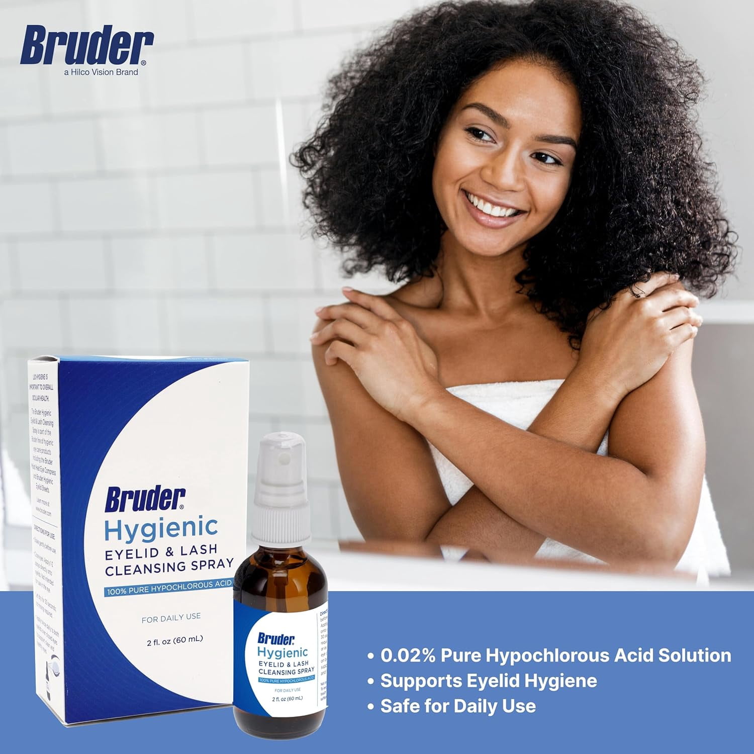 Bruder Hygienic Eyelid Solution Spray - Non-Irritating Pure Hypochlorous in saline, Calm, Skincare, Daily Use Eyelid and Lash Cleanser, Eye Cleansing Spray (60mL)