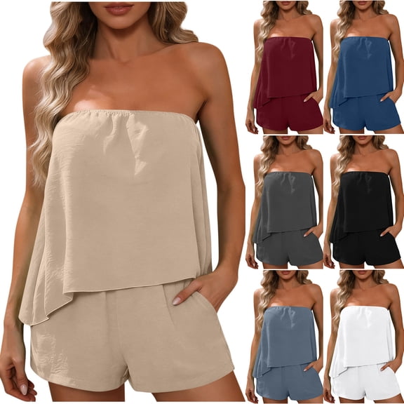 Miluxas Women's 2 Piece Outfit Strapless Top and Shorts Set Casual Summer Outfit for Beach Vacation White