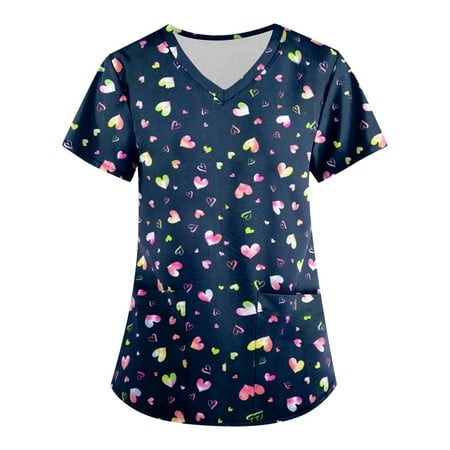 

Mlqidk Valentine s Day Printed Scrub Tops for Women Breathable Love Heart Pattern V-Neck T-Shirts Tee Scrubs Top with Pockets
