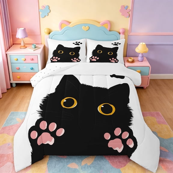 jejeloiu Cute Cat Paw Full Size Comforter Sets Kids,Kawaii Animal Footprint Simple Black White Bedding Sets For Girls,Reversible,3 Pieces