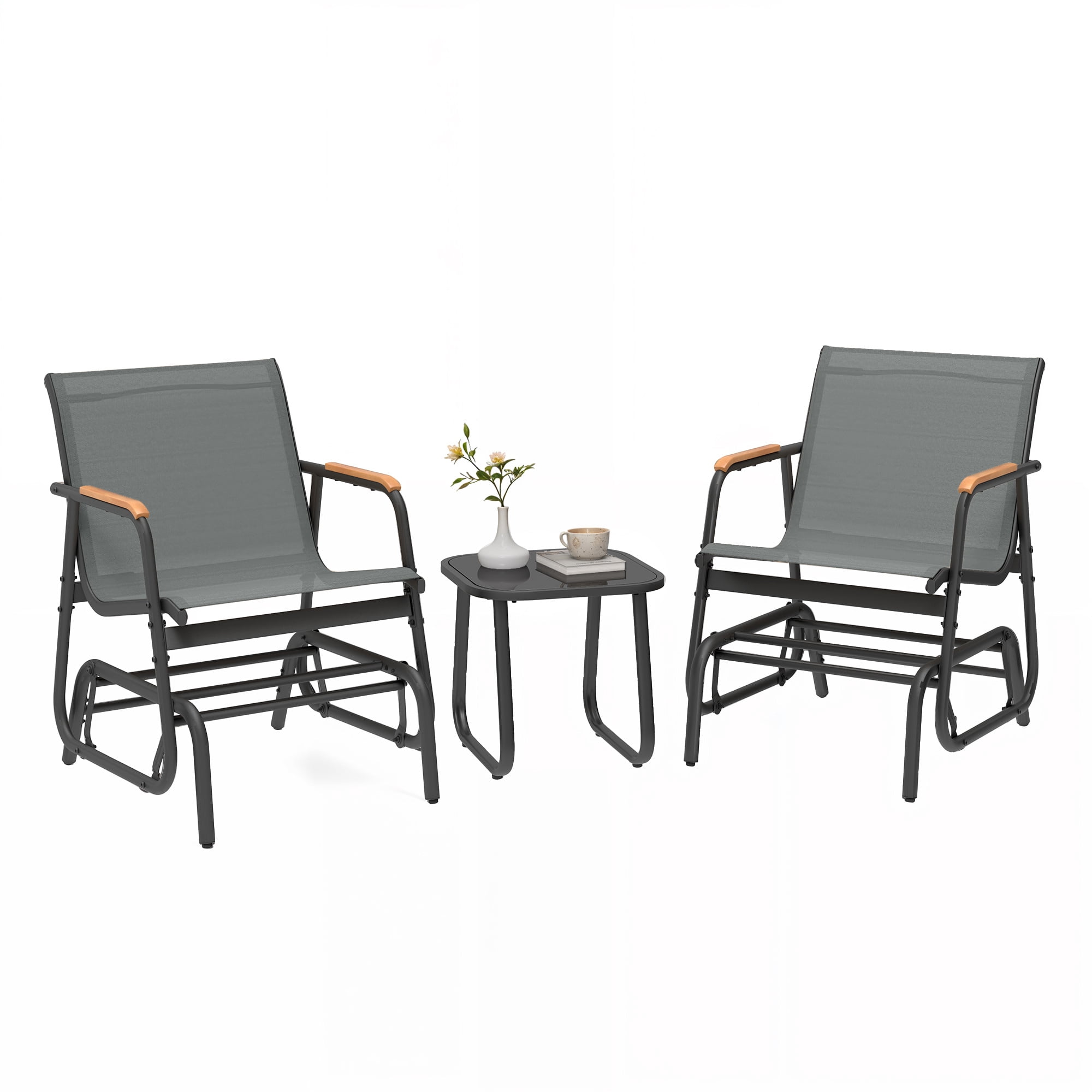 Uforic 3-Piece Patio Furniture Set, Outdoor Textilene Glider Bistro Set with 2 Glider Chairs & Tempered Glass Coffee Table, Heavy Duty Outdoor Seating Set for Backyard, Garden, Balcony, Gray