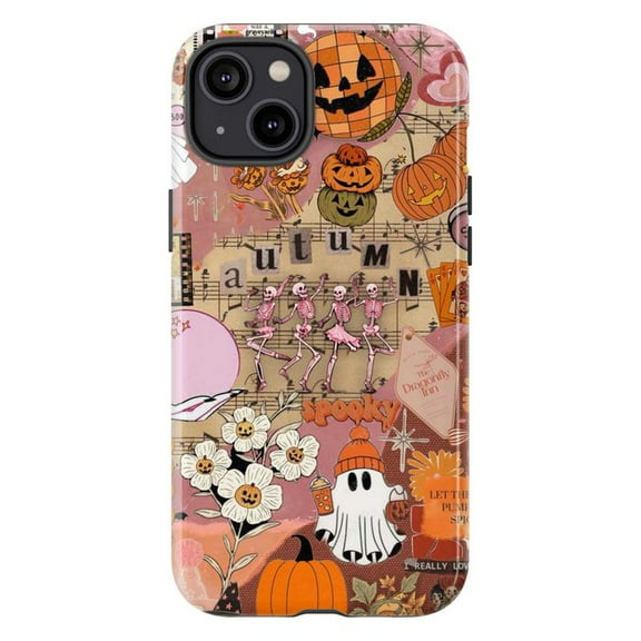 Retro Halloween Collage iPhone Case for iPhone 16 15 14 13 12 11 Pro Max Plus Mini – Cute Spooky Autumn Skeleton Ghost Pumpkin Protective Phone Cover