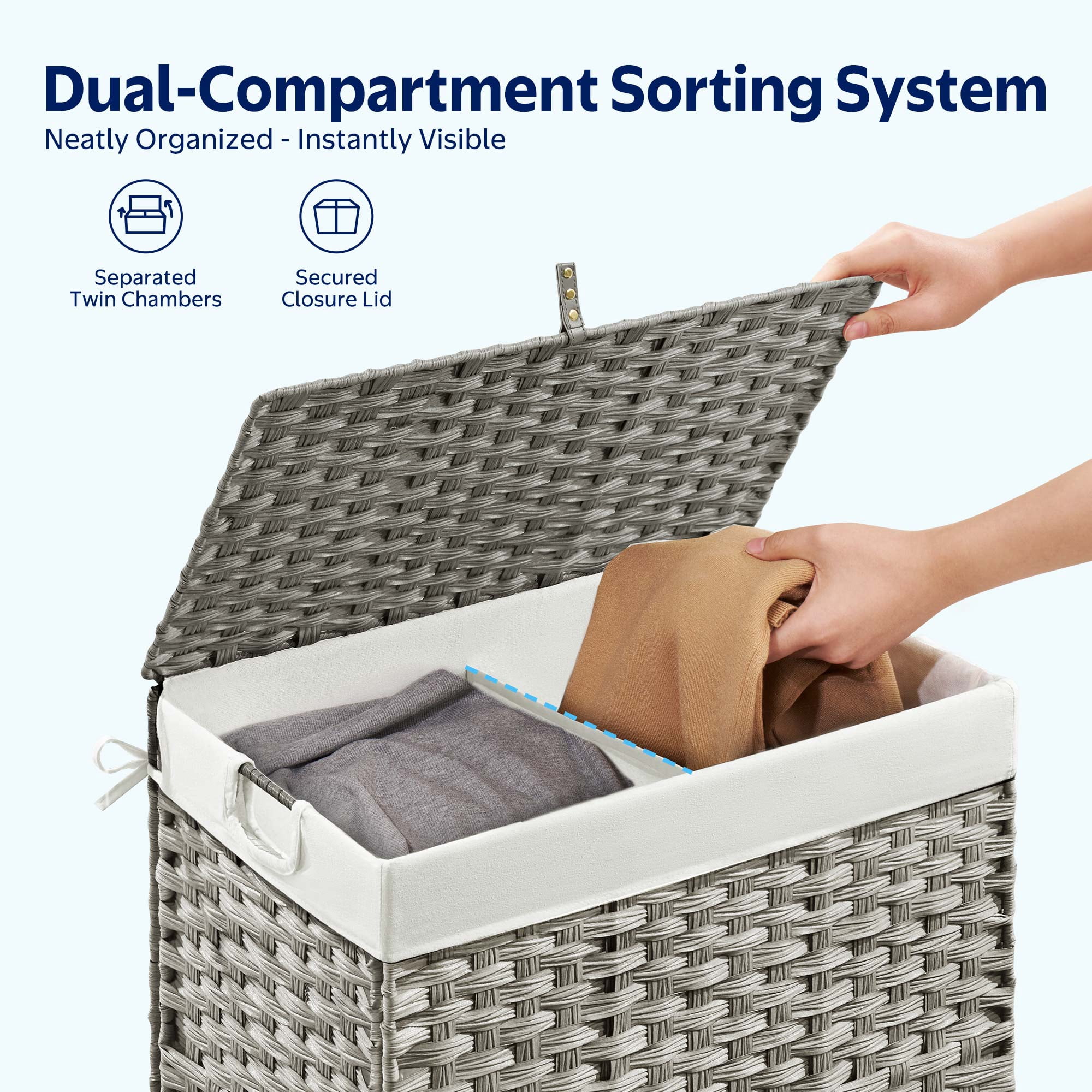 Rolanstar 90L Laundry Hamper Wicker Laundry Basket with Lid, Handles Clothes Hamper Foldable with 2 Removable Liner Bags, Gray