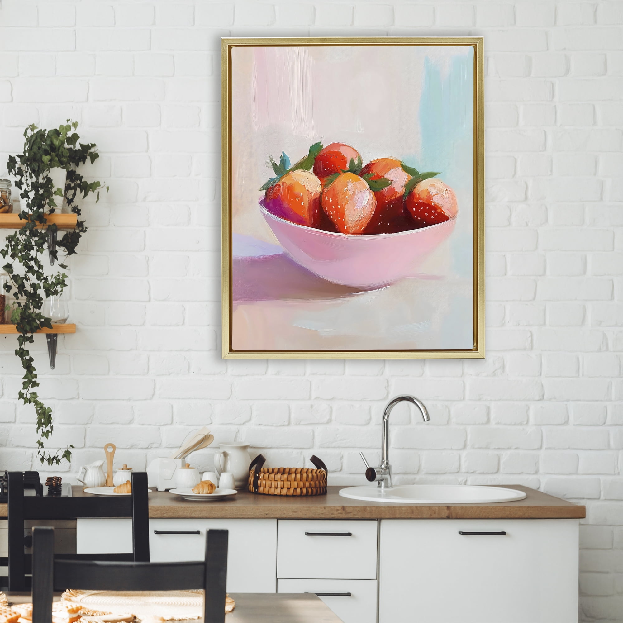Stupell Industries Pastel Bowl of Strawberries Gold Framed Floater Canvas Wall Art, design by The Prints Vibe
