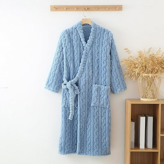 Women's Winter Flannel Bathrobe, Fuzzy Fleece Cozy Ladies Tie Side Robes Nightgown Thermal Housecoats with Pockets New Sleepwear for Women Plus Size Blue L