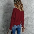 thumbnail image 4 of Women's Frayed Hem Crop Sweater V-Neck Long Sleeve Casual Pullover (Wine, S), 4 of 5