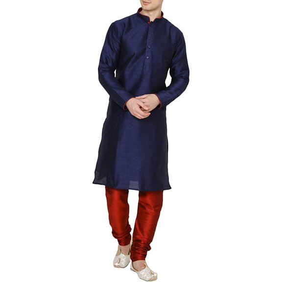 Royal Kurta Men's Dupion Silk Contrast Piping Kurta Churidar Navy