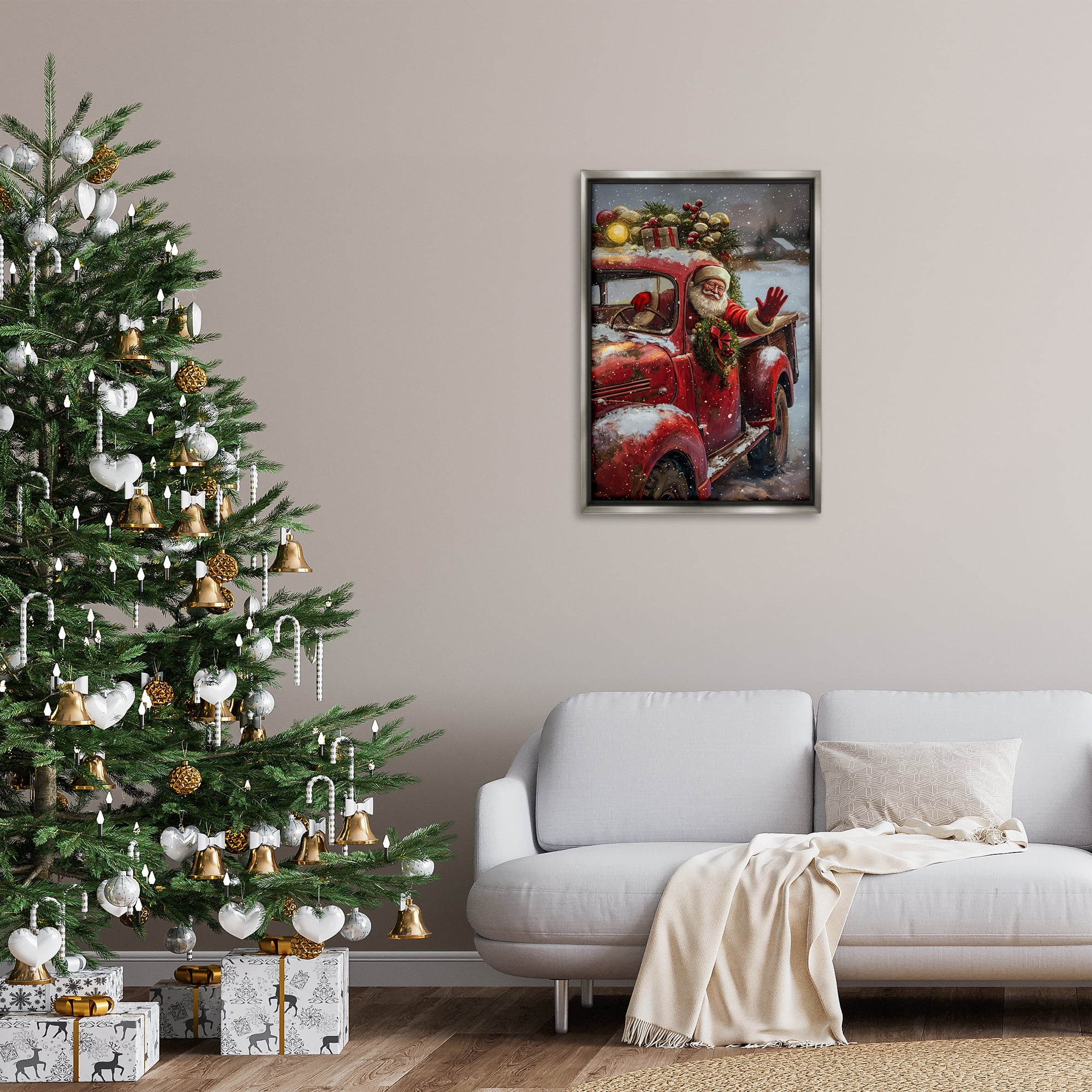 Stupell Industries Santa Waving Hello Holiday Painting Gray Floater Framed Canvas Art Prints Wall Art, 21 x 31