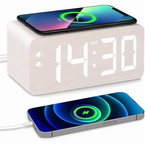 Saluqifa Wooden Digital Alarm Clock, 10W Fast Wireless Charger Station & 2 USB Charging Ports, with 0~99% Dimmer, Dual Alarm, Weekday/Weekend Mode, Wood LED Clock for Bedroom, Desk, Office