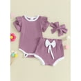 thumbnail image 2 of Suealasg Baby Girls 3Pcs Summer Outfits Set 3M 6M 12M 18M  Infant Newborn Girls Shorts Set Contrast Colors Ribbed Short Sleeve Romper and Shorts Cute Headband, 2 of 8