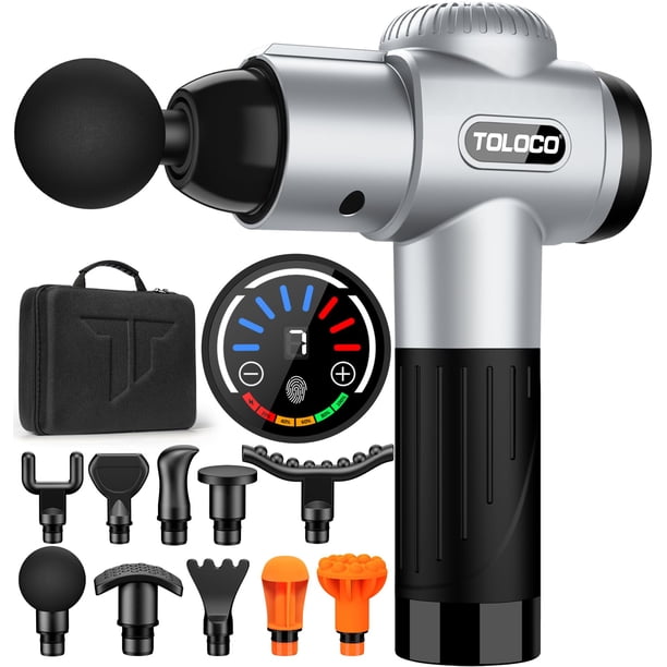Pistola de masaje TOLOCO Deep Tissue para atletas con 10 cabezales plateada