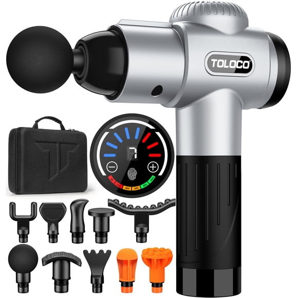 Pistola de masaje TOLOCO Deep Tissue para atletas con 10 cabezales plateada