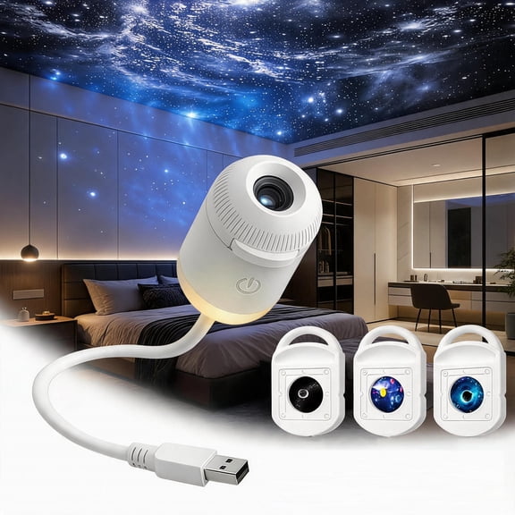 2‑in‑1 Galaxy Night Light Projector, 360° Adjustable Gooseneck USB Powered Starry Sky Projector with 3 Sliding Films, Adjustable Brightness for Bedroom, Car & Home Decor, Three Color