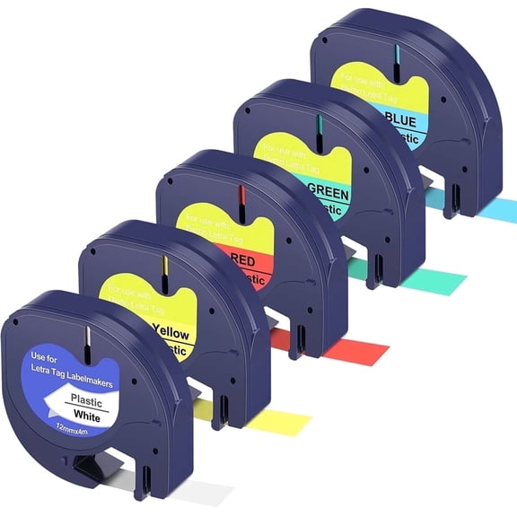 Hiipoo Multicolor 5-Pack Label Tape Compatible With Dymo LetraTag 91330 91331 91332 91333 91334 91335 Refills for LetraTag Label Maker LT-100H 100T LT-110T (1/2*13 feet, 12mm 4m) Black on White