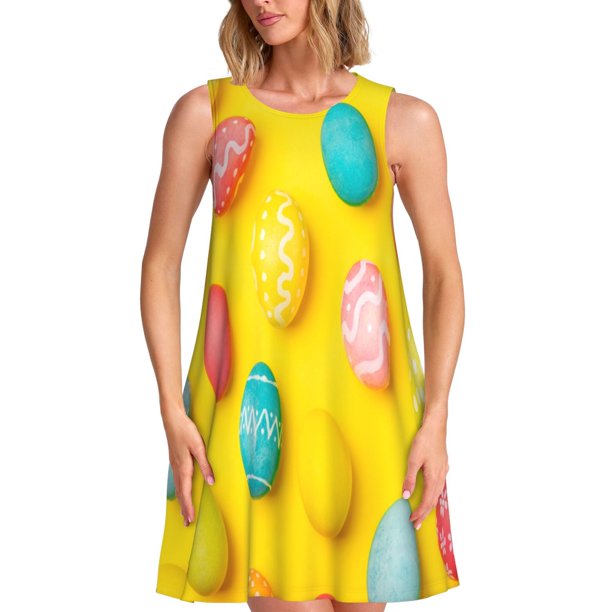 Easygdp Easter eggs (2) para Vestido Transpirable de Mujer, Vestido Suelto de Manga Corta con Pliegues y Bolsillos para el Verano