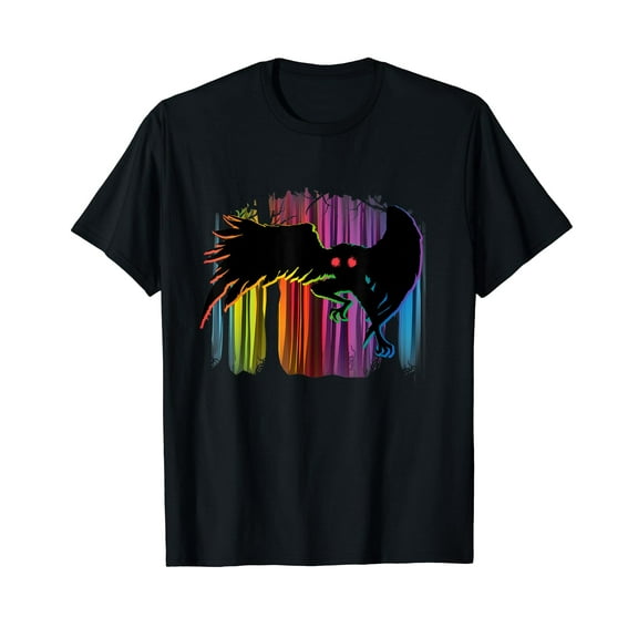 Mothman Rainbow Aurora Forest - Unique Cryptid Monster Black T-Shirt