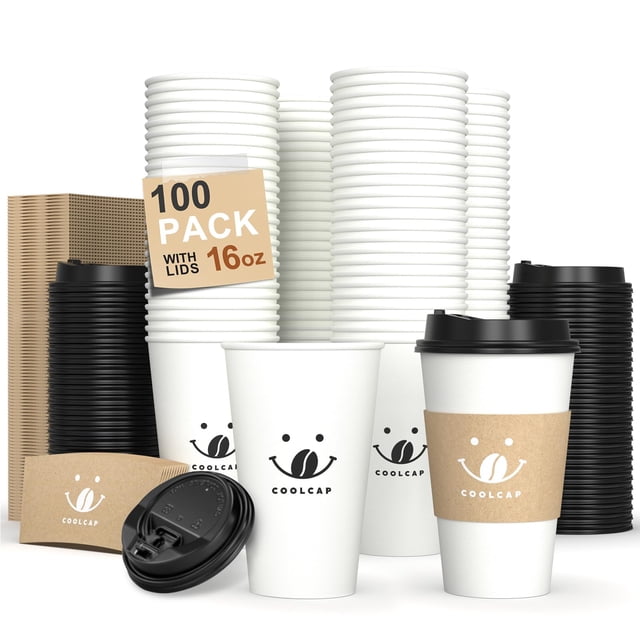 Tazas de café Coolcap 16 oz, paquete de 100 con tapas y fundas
