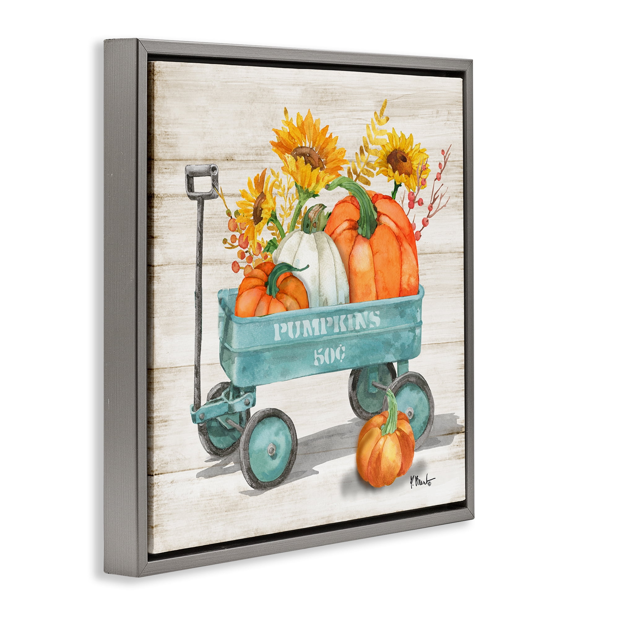 Stupell Industries Pumpkins Harvest Wagon Botanical & Floral Painting Gray Floater Framed Canvas Art Prints Wall Art, 18 x 18