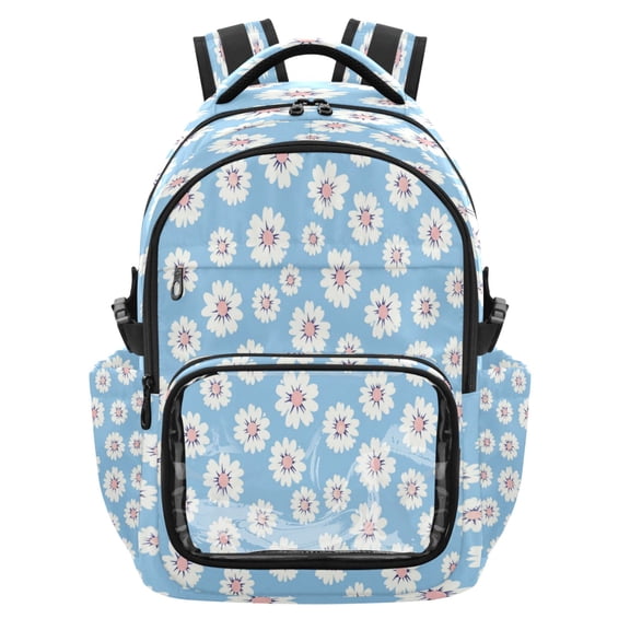 Qxltty Simple Blue Daisy Backpack School Bookbag with Clear PVC Front Pocket, Laptop Compartment, Water Resistant Travel Daypack for Students