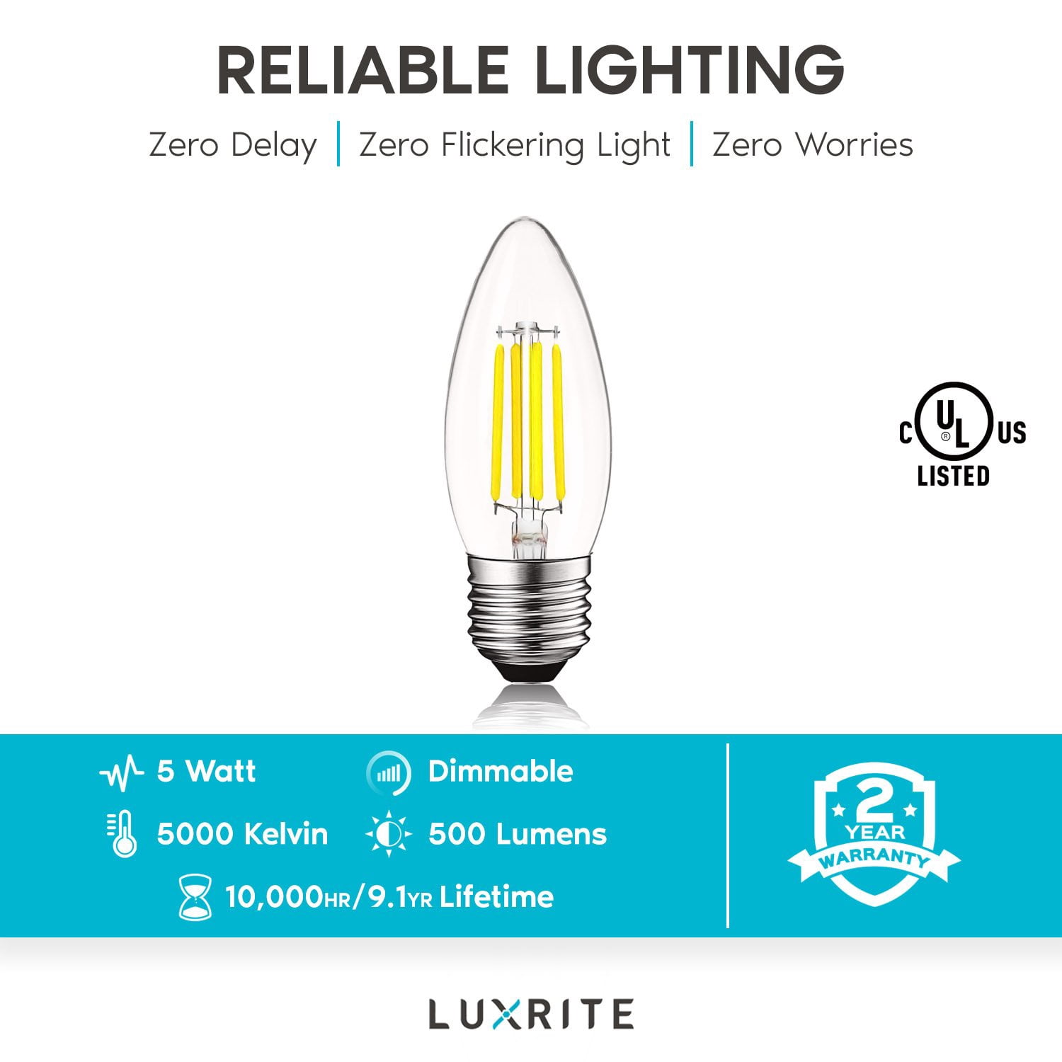 Luxrite Edison Candelabra LED Bulb 5W 60W Equivalent 5000K Bright White, 550 Lumens, E26, 12-Pack