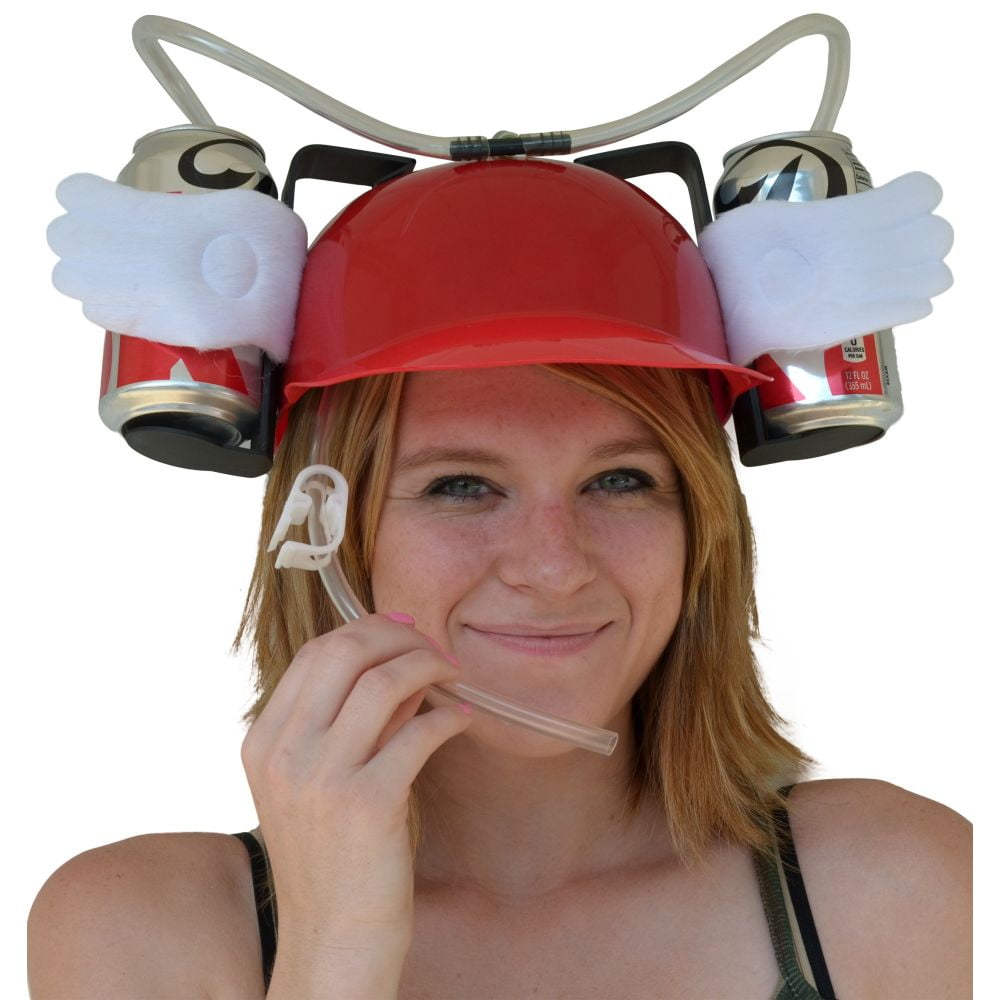 Beer & Soda Guzzler Helmet & Drinking Hat, Red With Angel Wings