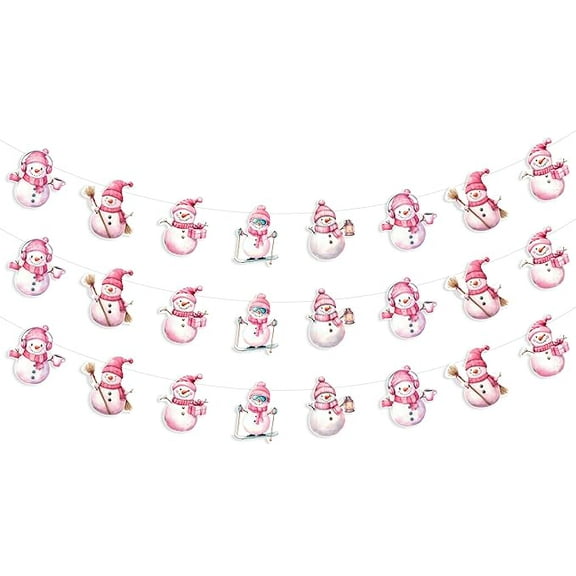 3pcs Winter Snowman Banner Garland, Pink Christmas Decor Vintage Bunting Banner Pre-Strung Wall Hanging Decorations for Xmas Winter Holiday Party