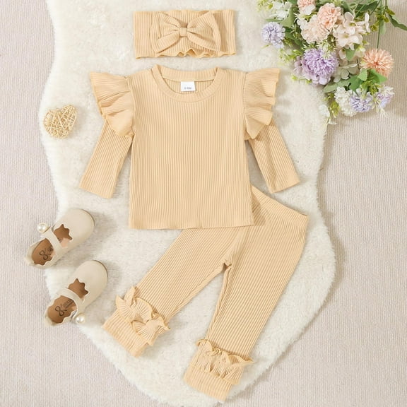 SGFCWSX Girls Casual Outfits Baby 3 Piece Set Ribbed Ruffle Sleeve Top, Pants and Bow Headband Sets Beige Size 9-18 Months