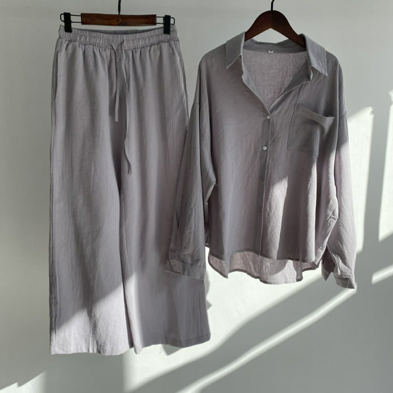 Two Piece Linen Outfit Women Plus Size 22 Ladies Linen Co Ord Set Summer Long Sleeve Button Shirts Wide Leg Trousers Lounge Wear Beach Suit Tracksuits