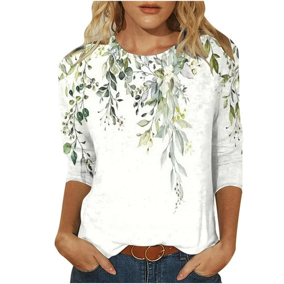Awdenio New Spring Fashion Tops for Women 2024, Ladies Fashion Three Quarter Sleeve Retro Round Neck Easter Printed Loose Tops Blouse White S