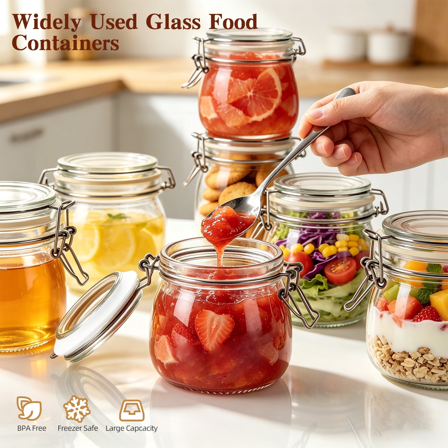 9 Pcs Airtight Glass Jars Set Includes 3 Accessories, TAIMASI 17oz Food Storage Jar with Airtight Clamp Lids, Small Clear Mason Jars for Kitchen Canning, Flour, Cereal