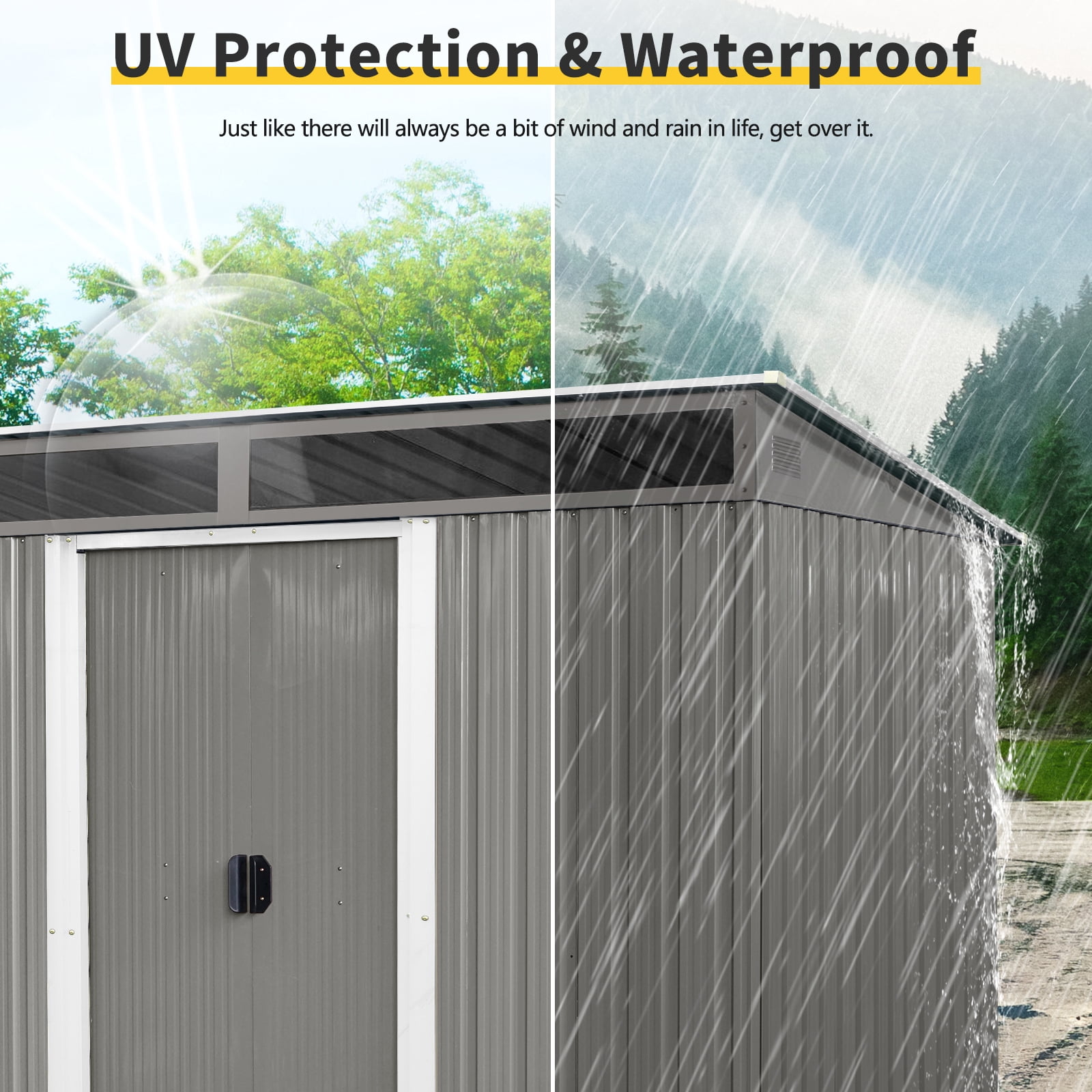 Alvantor Outdoor Storage Shed 8 x 6 Ft Metal Garden Shed with Sliding Doors and Transparent plate for Backyard, Garden Gray