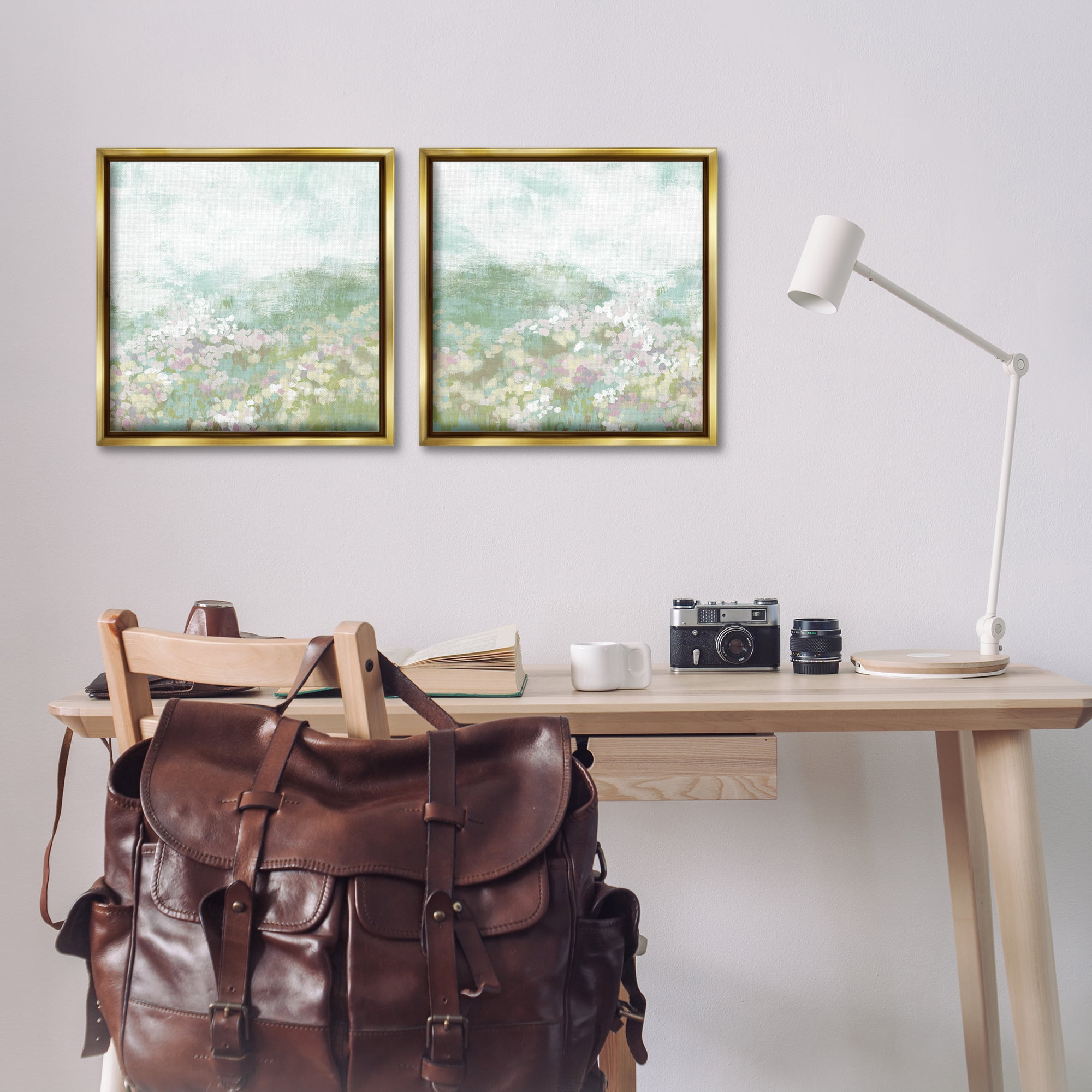 Stupell Industries Muted Pastel Flower Field Landscape & Nature Painting Gold Floater Framed Canvas Art Print Wall Art, 18 x 18, Set of 2