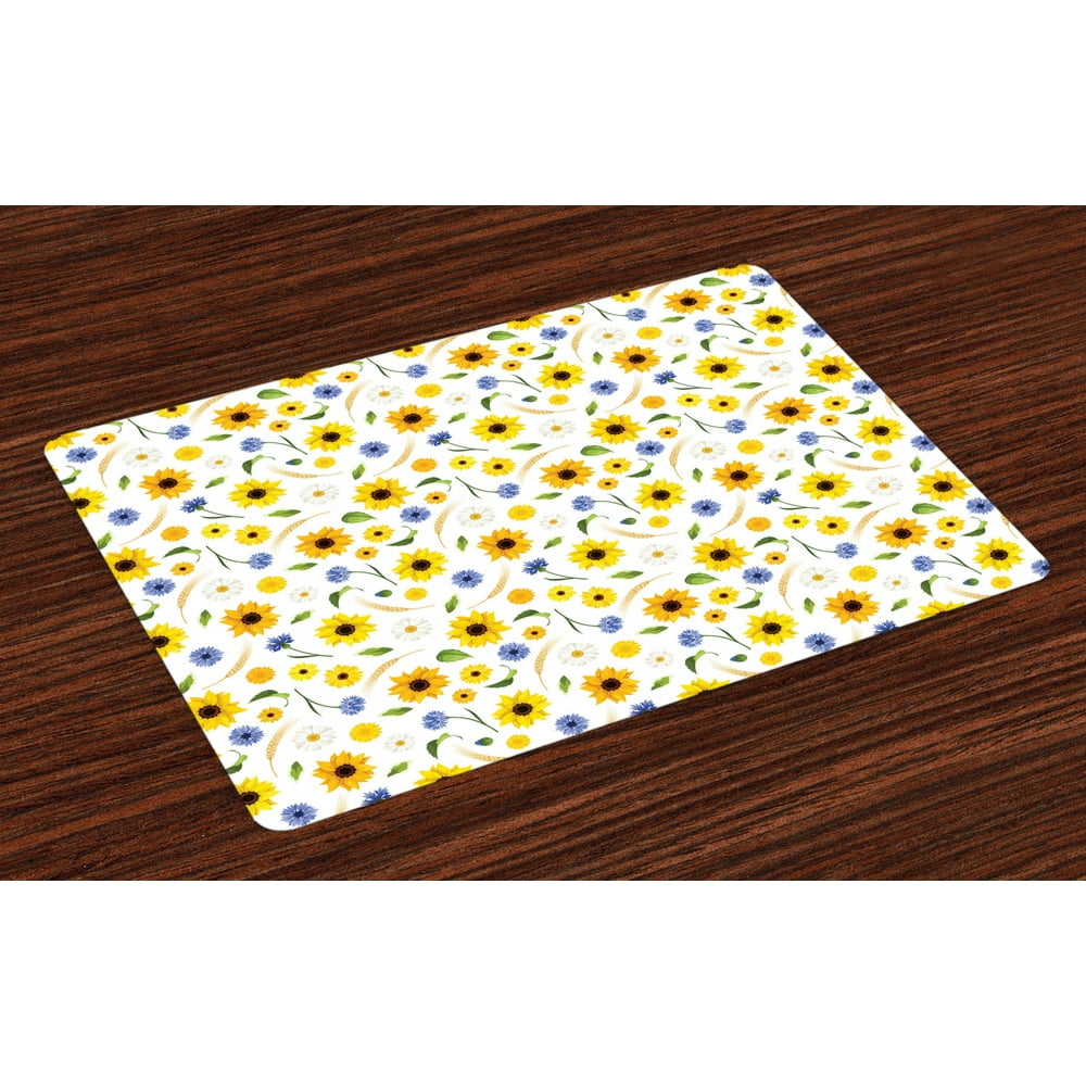 Yellow and White Placemats Set of 4 Botanical Arrangement of Summer